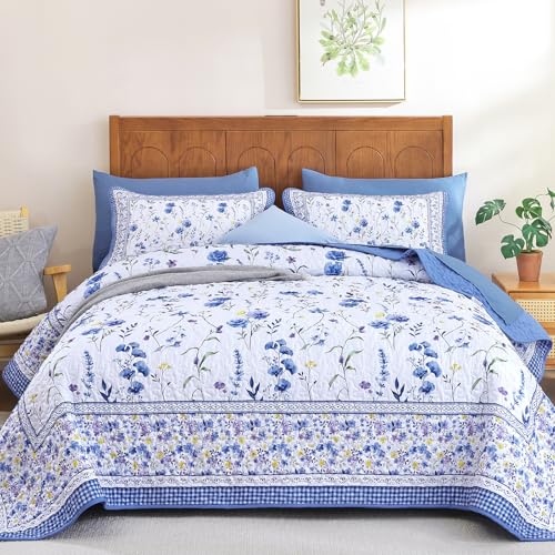 "WONGD Bedding Floral Quilt Set Queen, 3 Pieces Blue Bedspreads Coverlet Set, Garden Style Floral Printed Quilted Bedding Set, Lightweight Farmhouse Spring Summer Beds Coverlet for All Season(96""x90"")"