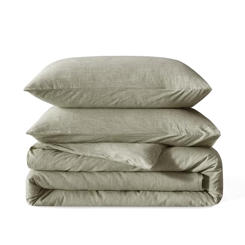 BFS HOME Linen Duvet Cover King Size - Soft Breathable Cotton Linen Blend, 3-Pieces Bedding Set with 2 Pillowcases, Stonewashed Texture, Green, All-Season Comfort