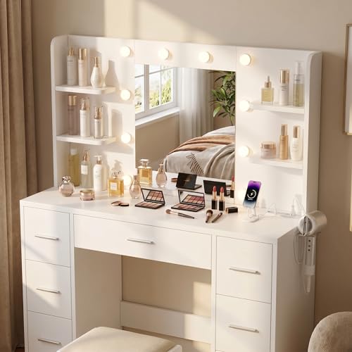 JUMMICO Large Dressing Table with Dimmable LED Lighting & Integrated Sockets, Dressing Table with Mirror and 7 Drawers, Modern Makeup Table for Bedroom, White