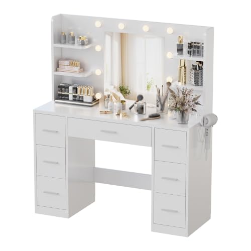 JUMMICO Large Dressing Table with Dimmable LED Lighting & Integrated Sockets, Dressing Table with Mirror and 7 Drawers, Modern Makeup Table for Bedroom, White