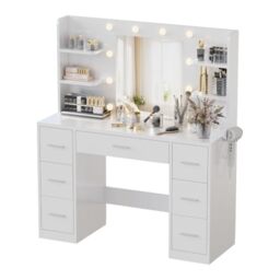 JUMMICO Large Dressing Table with Dimmable LED Lighting & Integrated Sockets, Dressing Table with Mirror and 7 Drawers, Modern Makeup Table for Bedroom, White