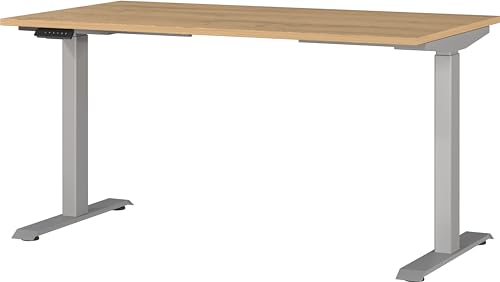 Germania Desk 7905-638, in Grandson oak repro/Silver, el. height-adjustable, 140 x 120 x 80 cm (WxHxD)