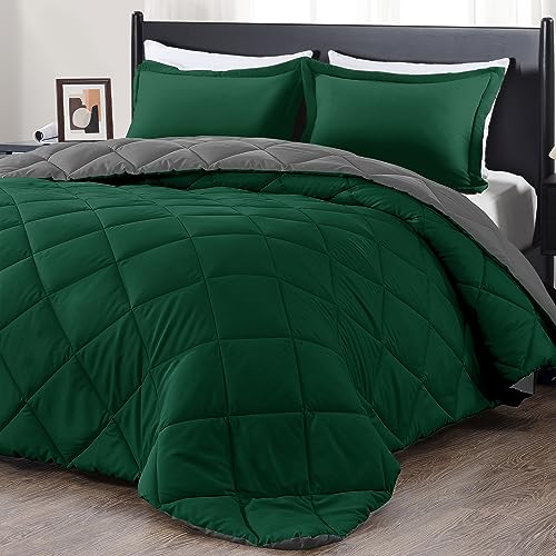 "downluxe Twin Comforter Set - Dark Green and Grey Twin Comforter, Soft Bedding Sets for All Seasons -2 Pieces - 1 Comforter (66""x92"") and 1 Pillow Sham(20""x26"")"