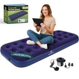 Green Haven Single Air Bed with Electric Pump - Flocked Camping Mattress - QUICK INFLATE DESIGN: waterproof · camping · guests · sleepovers · portable · AC pump included