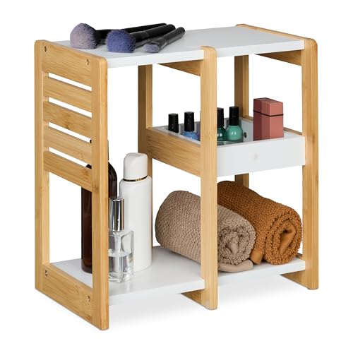 Relaxdays Bamboo Shelf, 3 Tiers, HxWxD: 35x34x20 cm, Freestanding Shelving Unit, Bathroom & Kitchen, MDF, Natural/White