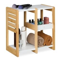 Relaxdays Bamboo Shelf, 3 Tiers, HxWxD: 35x34x20 cm, Freestanding Shelving Unit, Bathroom & Kitchen, MDF, Natural/White