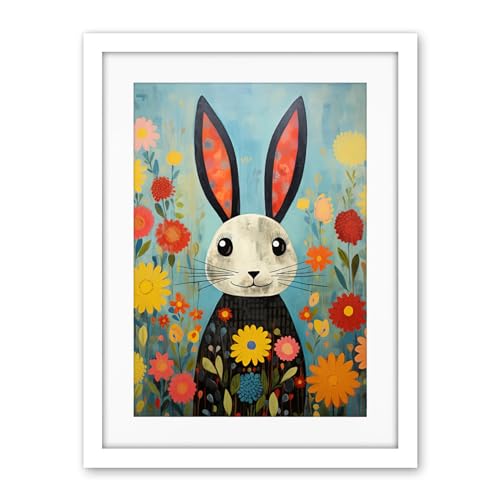 Artery8 Funny Bunny Illustration Modern Floral Rabbit Animal Artwork for Kids Bedroom or Baby Nursery Artwork Framed Wall Art Print 18X24 Inch