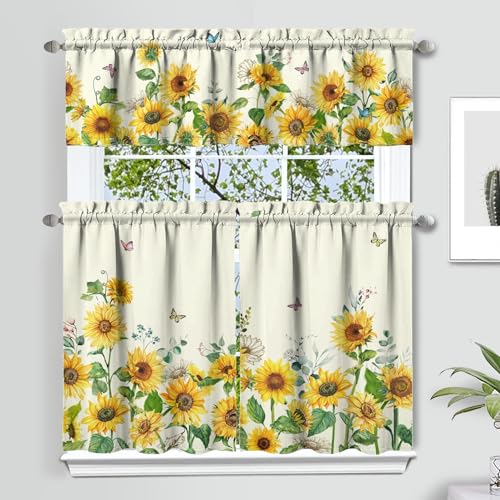 Sunflower Three Piece Kitchen Valance Set, Floral Rustic Farmhouse Curtains for Home Interior, Spring Summer Window Decor 36 Inch