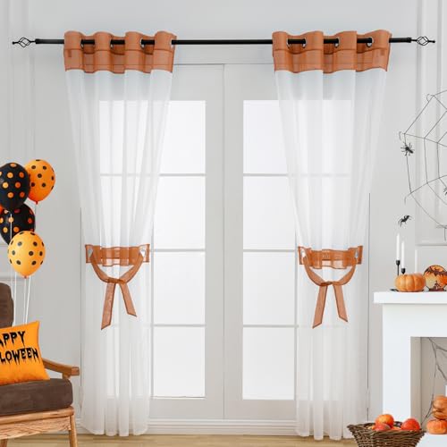 "L.Z.E Burnt Orange and White Sheer Curtains 84 Inch Length 2 Panels Set for Living Room Bedroom, See-Through Window Sheers with Design Grommet Top Curtains & Drapes (56"" W x 84"" L)"