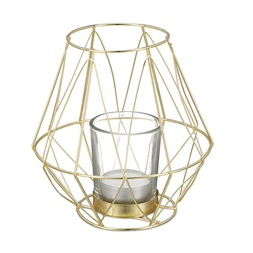 Relaxdays Tealight Holder, Geometric Design, with Votive Candle Glass, Metal, H x Diam. 14 x 14 cm, Gold, 70% Iron 30%
