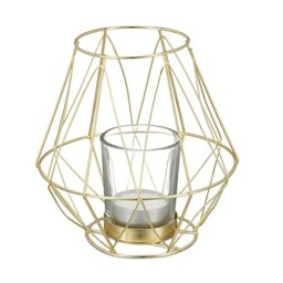Relaxdays Tealight Holder, Geometric Design, with Votive Candle Glass, Metal, H x Diam. 14 x 14 cm, Gold
