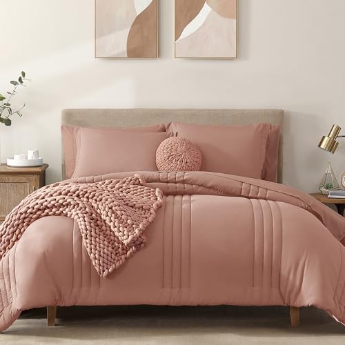 Monbix - Queen Size Comforter Set - 7 Pieces All Season Comforter Bedding Set with Sheets, Decorative Shams and Pillow Shams, Clay Pink