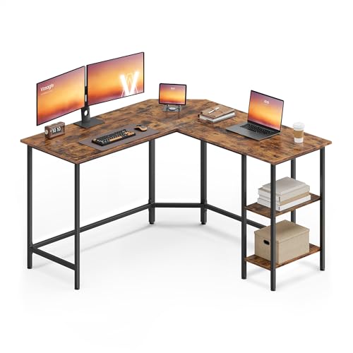 VASAGLE Computer Desk, L-Shaped Corner Desk, 130 x 130 x 76 cm, Gaming Desk, Workstation with 2 Storage Shelves for Home Office, Space-Saving, Easy to Assemble, Rustic Brown and Ink Black LWD123K01V1