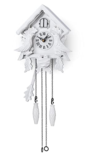 TIMEGEAR Cuckoo Clock with Night Mode, Singing Bird, Wooden Decorations and Swinging Pendulum (White)