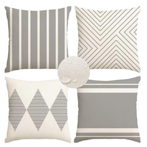 "RABUSOFA Outdoor Pillow Covers 16x16 inch Waterproof,Gray and White Boho Set of 4 for Patio Furniture Sunbrella Couch(2G-16) (Grey and White, 16"" x 16"" (Pack of 4))"