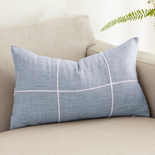 "vctops Rustic Lattice Cotton Linen Decorative Throw Pillow Cover Embroidery Lumbar Cushion Cover Pillowcase for Sofa Bedroom Couch (Plaid Blue, 12""x20"")"
