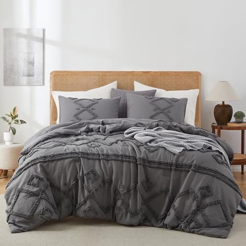 Oli Anderson Queen Comforter Set, 3 Pieces Boho Grey Comforter Geometric Tufted Bedding Comforter Sets, Soft Fluffy Comforter with 2 Pillowcases (Grey, Queen)