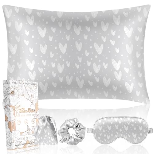 "Miss Adola Mulberry Silk Pillow Case for Hair and Skin 19 Momme Standard 26""x20"" Grey Satin Pillowcase with Eye Mask & Scrunchie Soft Satin Pillowcase Sleeping Gifts for Moms, Women"