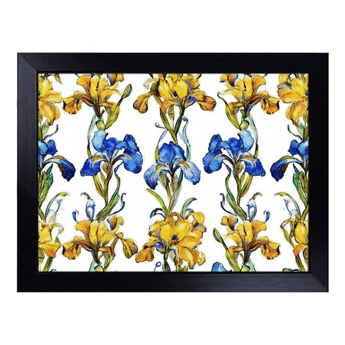 Lap Tray with Bean Bag Cushion, Iris Flower Pattern - Handmade in the UK, Raised Wooden Edge, Padded Cushion, Heat-Resistant Wipe-Clean Surface, for Meals, Laptops and Crafts