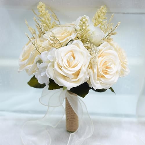 LESING Bridal Wedding Bouquets Artificial Rose Flowers Bouquet Handmade Romantic Wedding Bouquets for Bride Bridesmaid Holding Flowers (Bouquet-Rose White)