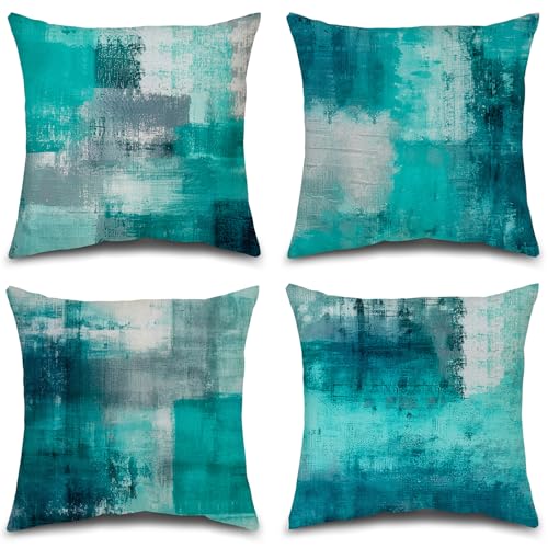 Balaena Teal and Gray Throw Pillow Covers,Set of 4 20 x 20 Inch Turquoise Modern Abstract Art Artwork Decorative Pillow Cushion Covers for Couch Bedroom Living Room