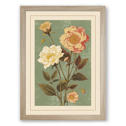 Three Roses in Study Botanical Framed Wall Art Print A4 (29.7×21cm) Oak, Wall Decor for Living Room, Bedroom, Office & Home, Ready to Hang, Art Gift