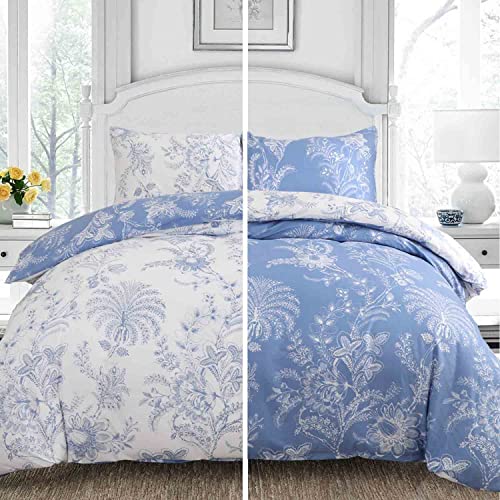 ETDIFFE Floral Duvet Cover Queen Size, 3pc Reversible Farmhouse Botanical Flower Pattern Printed Microfiber Comforter Cover Set, Aesthetic Soft & Lightweight Quilt Cover, Light Blue and White