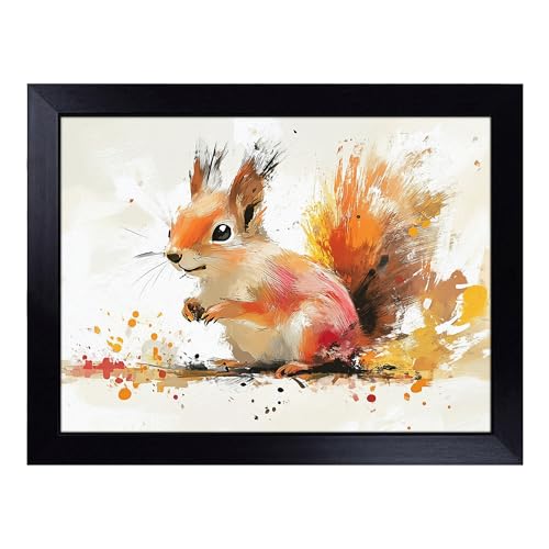 Lap Tray with Bean Bag Cushion, Squirrel Illustrated - Handmade in the UK, Raised Wooden Edge, Padded Cushion, Heat-Resistant Wipe-Clean Surface, for Meals, Laptops and Crafts