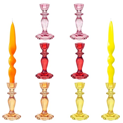 Talking Tables 8 x Coloured Glass Candlestick Holders 2 x pink, orange, yellow and red candle holders, bright and beautiful home décor, or summer outdoor table wedding decorations 16cm