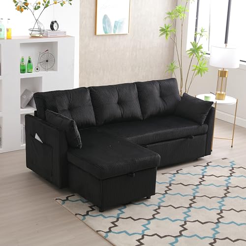 Ball & Cast 206 cm L-Shaped Modular Sectional Sofa with Movable Ottoman,Set of Deep Seat Boneless Couch with Chaise Lounge, Sofa Bed for Living Room Bedroom – No Assembly Required, Black