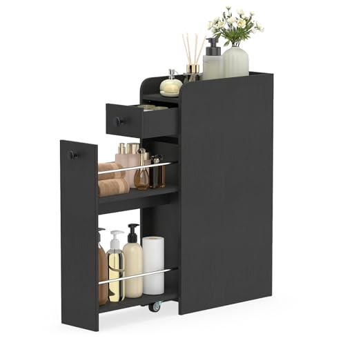 RELAX4LIFE Slim Bathroom Floor Cabinet, Rolling Narrow & Compact Toilet Storage Cart with Drawers & Slide Out Shelf, Freestanding Toilet Paper Storage Unit on Wheels for Small Spaces (Black)