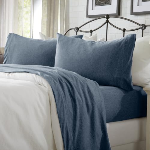 Great Bay Home Cotton Jersey Knit Queen Sheet Set - Ultra-Soft, Stretchy, Heathered Melange Bed Sheets - Cozy, Soft T-Shirt Sheet & Pillowcase Set (Navy)