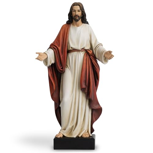 ShineOnAngel 12 Inch Jesus Statue with Open Arms, Hand Painted Jesus Christ Figurine in Red Robe, Realistic Christian Religious Resin Home D??cor