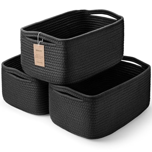Maxuni 3-Pack Storage Baskets for Organizing - Woven Shelf Toy Basket - Rope Baskets for Gifts Empty - Closet Organizer Bins with Handles - Cube Decorative Box - 13.7??7.1??6.7??? - Mixed Black