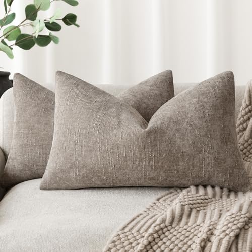 Foindtower Set of 2 Textured Chenille Throw Decorative Pillow Covers Square Accent Solid Cushion Cover Neutral Farmhouse Lumbar Pillow Case for Couch Sofa Bedroom Living Room 12x24 Inch,Light Taupe