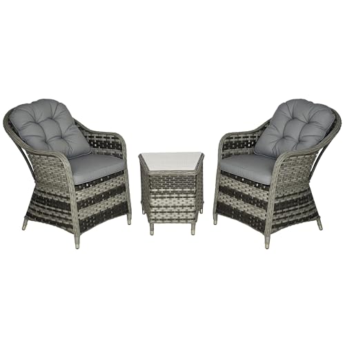 Outsunny 3 Pieces Rattan Bistro Set, Wicker Garden Bistro Set, Glass Top Balcony Table and Chairs with Cushions for Outdoor, Patio, Balcony, Grey