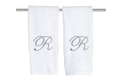 Decorvo White Monogrammed Hand Towels for Bathroom - Luxury Hotel Quality Personalized Initial Embroidered Towel for Powder Room, Spa - GOTS Organic Certified - Set of 2 Silver Letter R