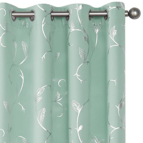 BUHUA Blackout Curtains 96 Inches Long, Vine Foil Print Pattern Room Darkening Curtain, Living Room Curtains & Drapes, Thermal Insulated Window Panel Set, 52 x 96 Inch, Aqua