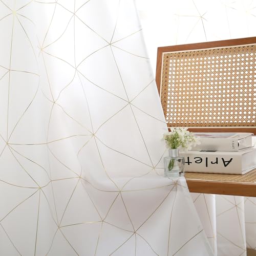 "Taisier Home Gold Linen Grommet Window Curtain Panels Metallic Geo Moroccan Tile Foil Print White Draperies for Bedroom Living Room,Light Filtering Window Treatments,52"" Wx95 L,2 Panels"