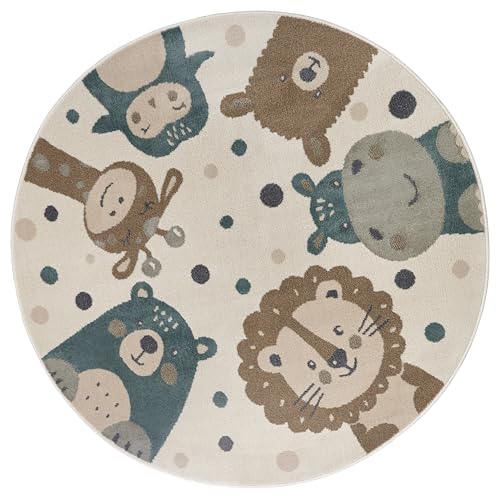 Hanse Home Adventures Children's Rug Round - Animal Pattern Lion Bear Rug Boys Girls for Children's Room, Playroom, Teenager's Room, Living Room - Cream Brown Blue, 140 cm