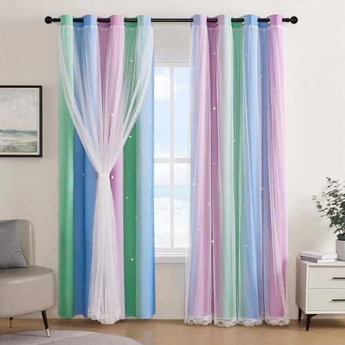 XiDi Curtains for Bedroom Decor, Rainbow Green PurpleBlue52/96/1 - 52 x96 inch, Blue Green Purple layered curtain, kids and girls bedroom decor, white sheer overlay,room darkening, grommet top