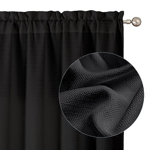 "Chyhomenyc Black Curtains 54 Inch Length 2 Panels, Faux Linen Textured Semi Sheer Light Filtering Soft Airy Rod Pocket Window Treatment Drapes for Living Room Bedroom, Each 30"" Wx54 L"