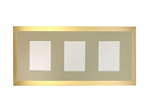 H7 Gold Picture Photo Frame with Light Grey 6 X 4 Inch Three Aperture Long Mount