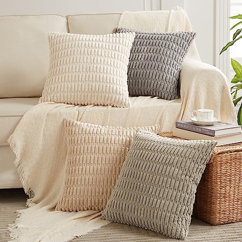 Fancy Homi 4 Pack 20x20 Inch Striped Corduroy Throw Pillow Cushion Covers, Rustic Boho Home Decor - 50x50 cm