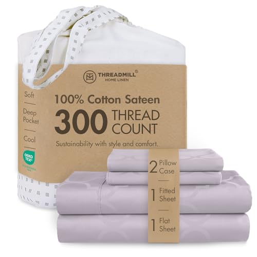 Threadmill Cotton Full Size Sheet Set - 100% Cotton Sheets for Full Size Bed - Damask Jacquard Full Bed Sheets Set with 16??? Deep Pocket - Soft Sateen Weave 4-Piece Cooling Bedding Set - Lilac