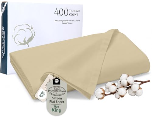Royale Linen 400 Thread Count 100% American Grown Cotton Flat Sheet - Cooling Sheets - King Sheets - Luxury Sateen Weave - King Flat Sheet Sold Separately - Sand Flat Sheet Only (King, Moroccan Sand)