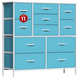GoaHi Chest of Drawers, Large Dressers with Metal Frame and MDF Wooden Top Board, Adjustable Feet, Anti-Tip Safety, Storage Unit with 11 Drawers for Bedroom, Living Room, Closet, Office Blue