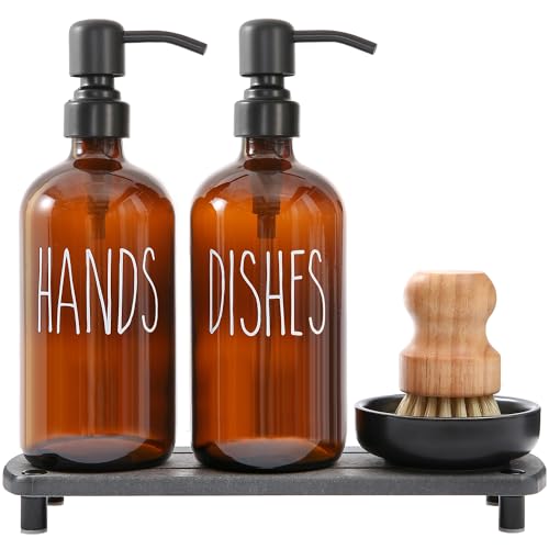 MOMEEMO Amber Glass Soap Dispenser Set Comes with Stainless Steel Pumps, Instant Dry Tray, and Dish Scrub Brush, Suitable for Soap Dispenser for Kitchen Sink. (Amber)