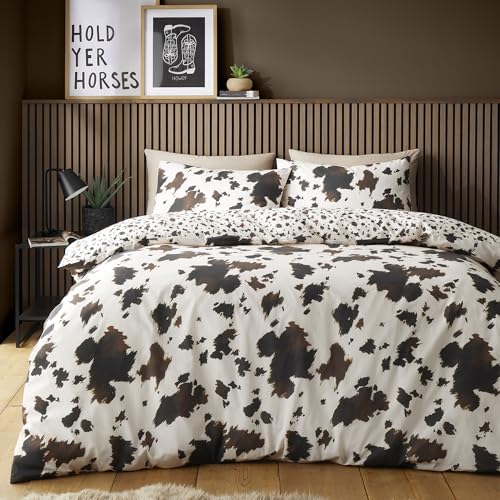 Fusion Cow Print Duvet Cover Set King 230 x 220cm – Black and White Polycotton Easy Care Bedding with Playful Cow Print, Includes 2 Pillowcases