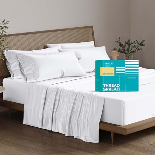 THREAD SPREAD 100% Egyptian Cotton California King Bed Sheets - 800 Thread Count Cal King Sheets (6 PC, White), Sateen Weave Deep Pocket Luxury Hotel Sheet, Extra Soft Cooling Bedding Sheet